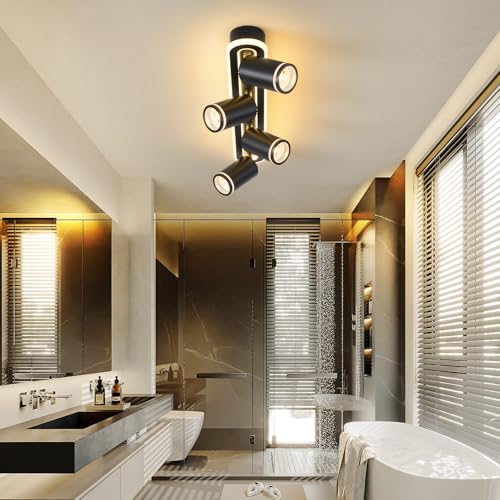 MYCUL Tech 4 Flames 350° Swivel, Ceiling Spotlight with Lower Glow 36W+4x5W Spotlights GU10,3000K Warm White Indoor LED Spotlights, Modern Ceiling Lamp, Spotlight for Kitchen, Living Room Black