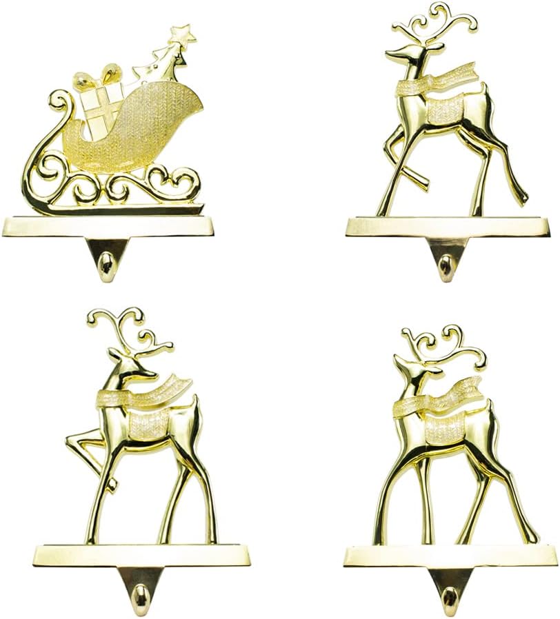Ornament Hooks - SlimmKISS Christmas Gold Reindeer & Sleigh Stocking Holders Hangers Hooks Set for Mantel,Christmas Stocking Hooks Christmas Decorations for Fireplace,Christmas Tree,Set of 4,Gold
