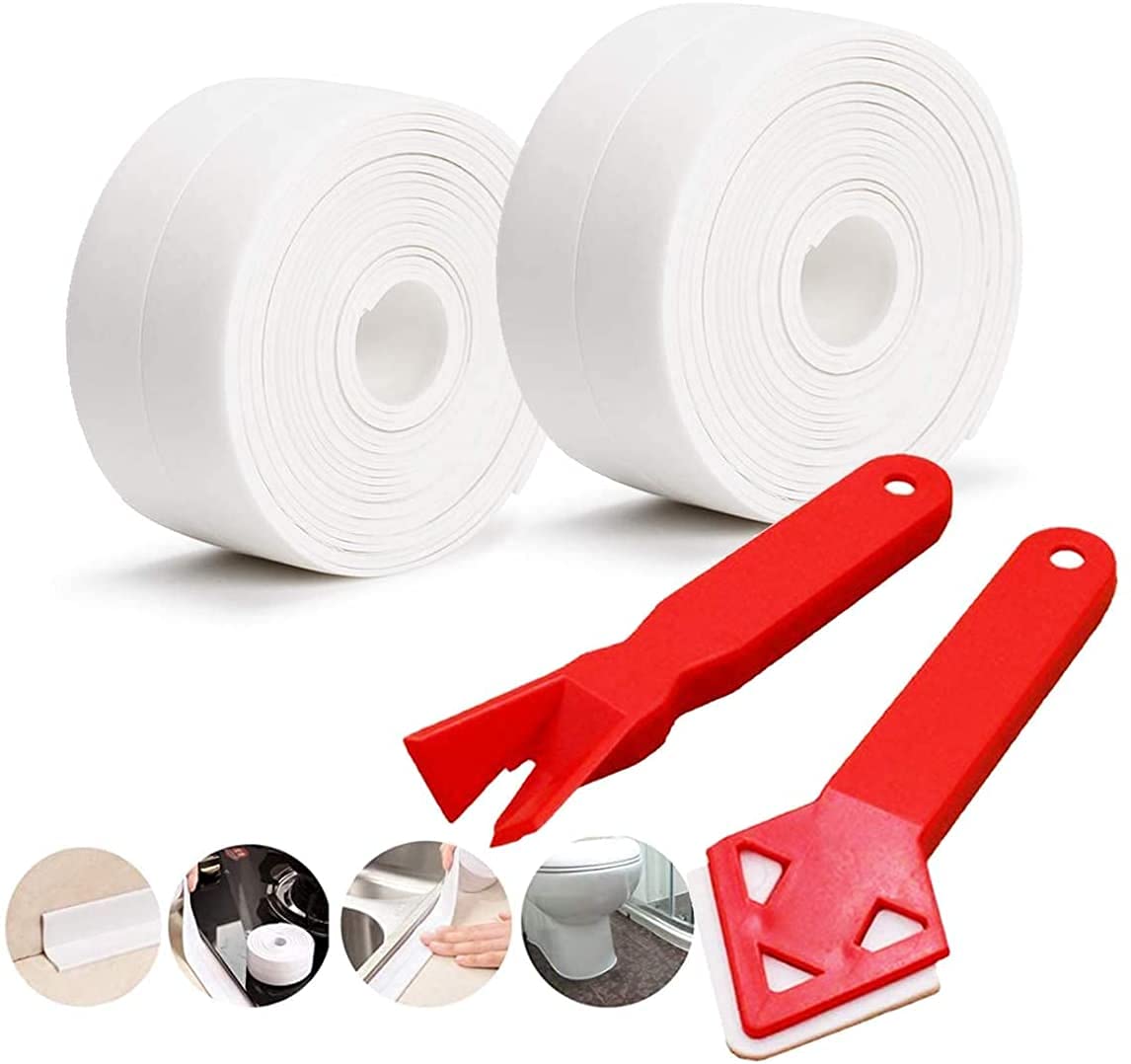 SnailGarden 2 Roll White Bathtub Sealing Strip & 2 Pcs Caulking Tool,Self Adhesive Caulk Strip,Waterproof Bathtub Seal Strip for Bathroom,Kitchen,Toilet,Wall Corner