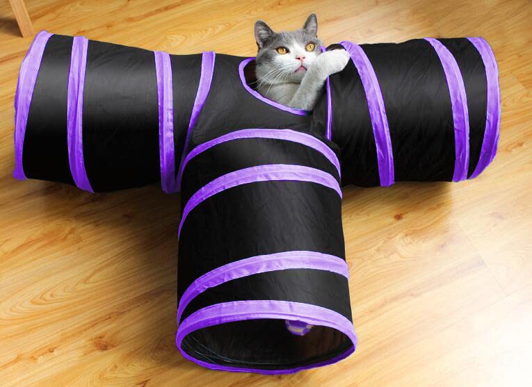 Webeasy 3-Ways Collapsible Cat Tunnel Tube 25 cm High Cat Interactive Toy for Indoor Cats, Dogs, Rabbits (Purple)
