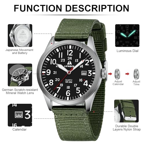 LN LENQIN Mens Watches Unisex Military Sport Nylon Strap Stylish Luminous Fashion Analog Quartz Watch for Men Waterproof Army Tactical Casual Wristwatch