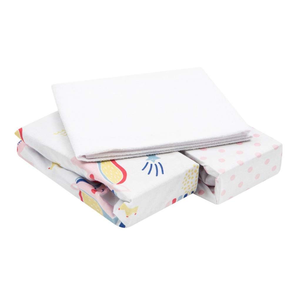 FlyIdeas 3-Piece Bedding Set for Cots and Cribs – 2 Cotton Fitted Sheets & 1 Waterproof Mattress Protector, 120x60 cm – Hypoallergenic, Soft, Breathable Baby Cot Sheets