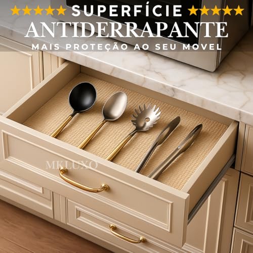 Kit 2 Unidades Forro Protetor para Gaveta de Cozinha Antiderrapante Armario Prateleira Multiuso Dispensa Lavável Recortável Casa Garagem Banheiro Geladeira Fácil de Limpar Mesa (Bege Claro)