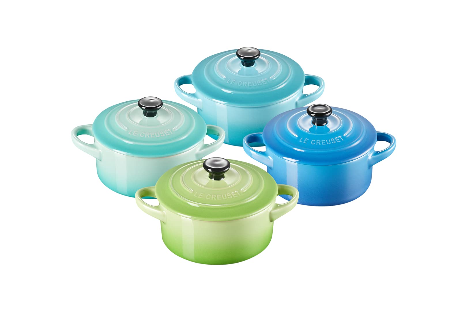 LE CREUSET Stoneware Set of 4 Petite Casseroles, 200 ml, Palm/Cool Mint/Teal/Marseille Blue, 79212105139100