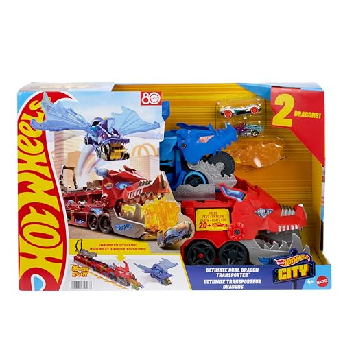 Hot Wheels City Toy Car Track Set, Ultimate 2-in-1 Dragon Transporter and 2 Die-Cast Cars, Large Dragon and Removable Dragon with Space for More Than 20 Vehicles, JKJ79