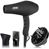 JINRI Hair Dryer, 1875W, 3 Heat &amp; 2 Speed, with Diffuser, with Concentrator, Ionic Technology &amp; Infrared - Black, Detachable Air Intake, Non-Foldable, Hanging Strap, 125V, JR-104DII