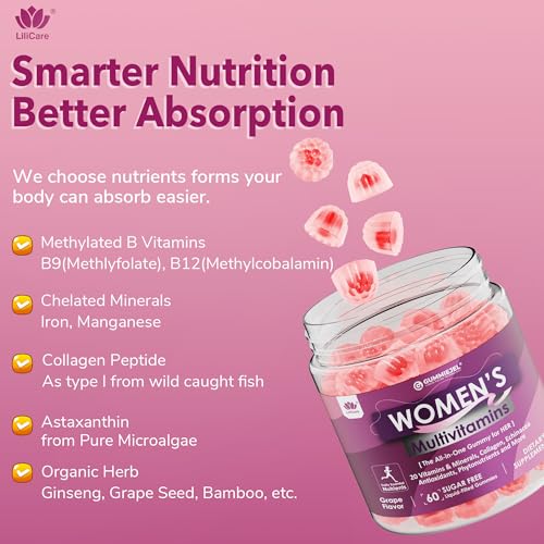 Womens Multivitamin Gummy, Methylated Multivitamin for Women, Biotin, Methylfolate, Iron, Collagen, Vitamins A C D, B Complex, Antioxidants for Women's Daily Support, Beauty, Immune, No Sugar, 60 Cts