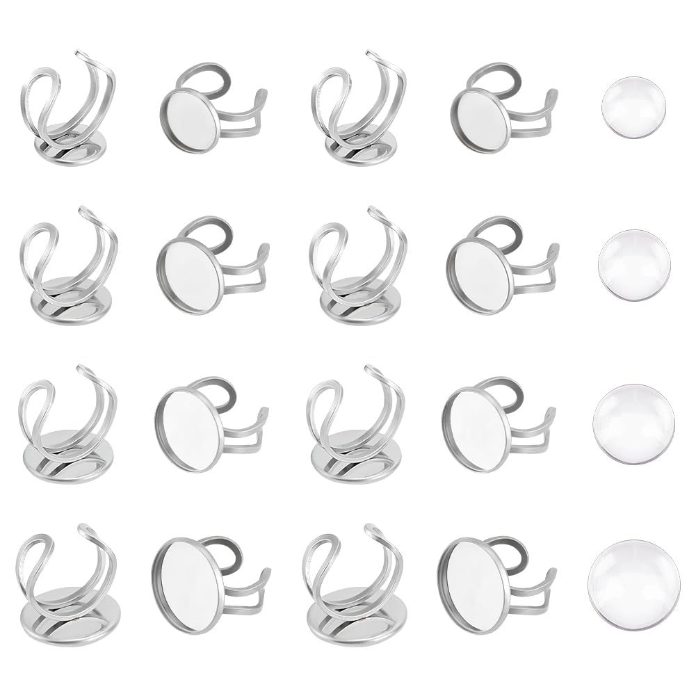 UNICRAFTALE About 20 Sets 4 Sizes Round Cabochon Ring Blank Rings Stainless Steel Ring Settings Base Ring Open Cuff Finger Rings with 20pcs Glass Cabochons Base Bezel Tray for Rings Jewelry Making