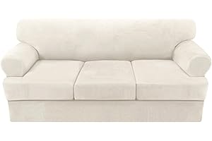 H.VERSAILTEX Sofa Cover 4 Piece T Cushion Sofa Slipcovers Couch Cover Furniture Protector Stretch T Cushion Sofa Covers for 3 Cushion Couch with 3 Individual T Cushion Covers, Ivory