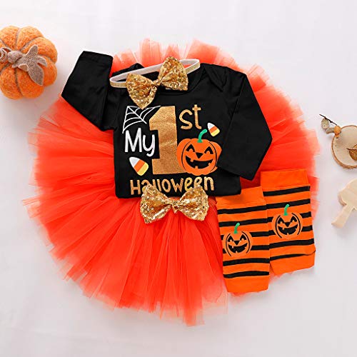image for MIS1950s Kids Girls Outfits Pumpkin Print Baby Costume Romper Tulle Sk