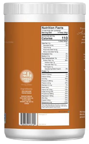 JUST HEMP FOODS HEMP PROTEIN POWDER PLUS FIBER, NON-GMO VERIFIED WITH 11G OF PROTEIN & 11G OF FIBER PER SERVING, 16 OZ – PACKAGING MAY VARY