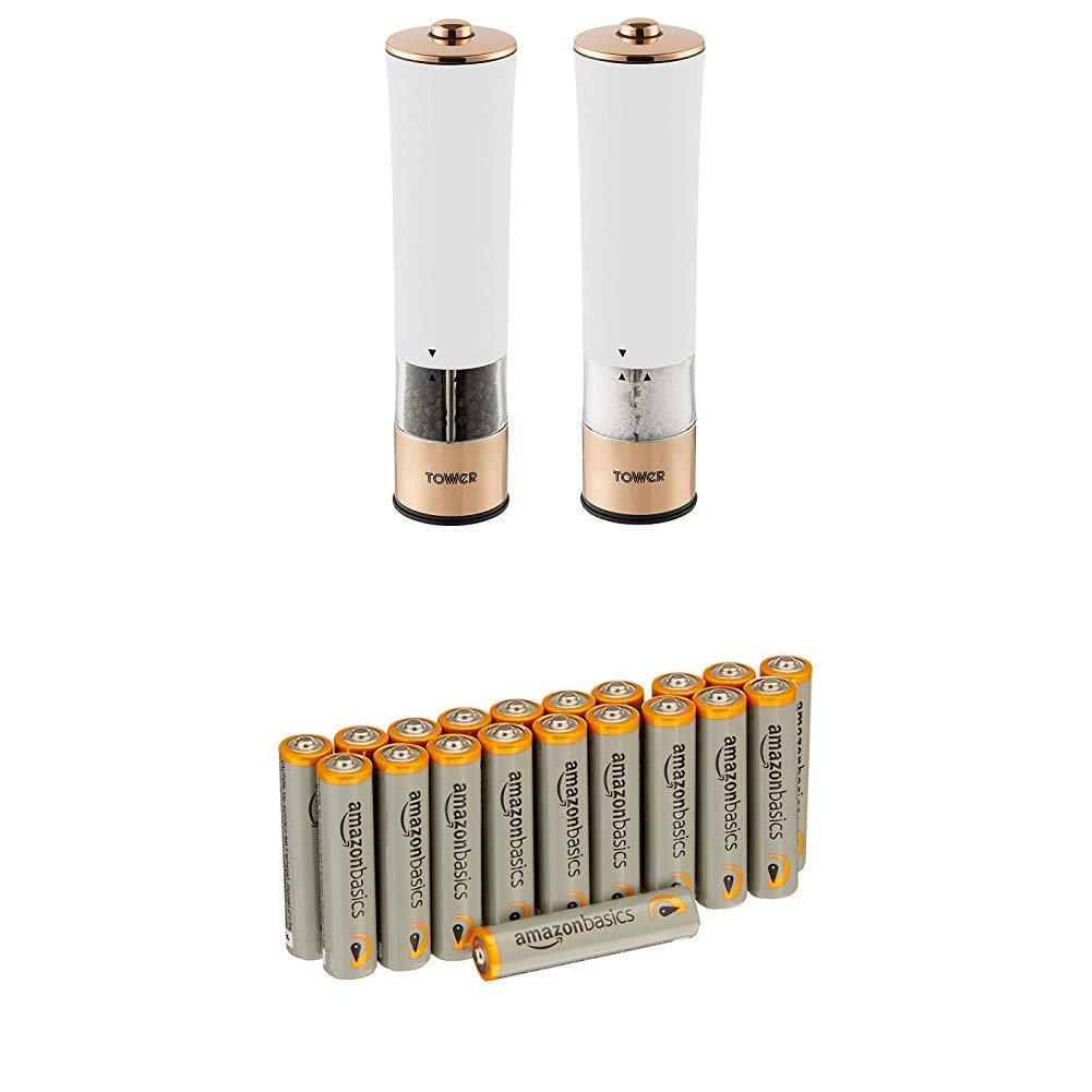 Tower T847003RW Electric Salt and Pepper Mills, Stainless Steel, White and Rose Gold, 5.6 x 5.6 x 22.5 cm with Amazon Basics Batteries