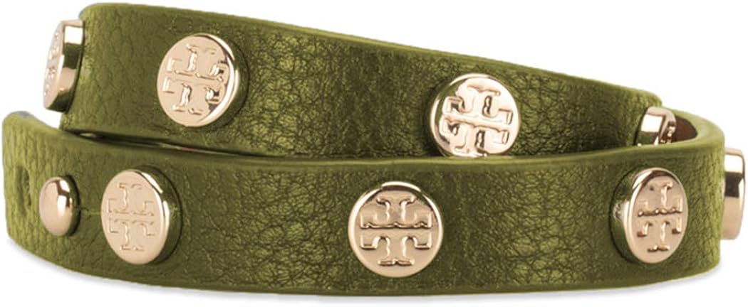 Tory Burch Bracelet Double Wrap Logo TB Leather Studded, Green: Clothing