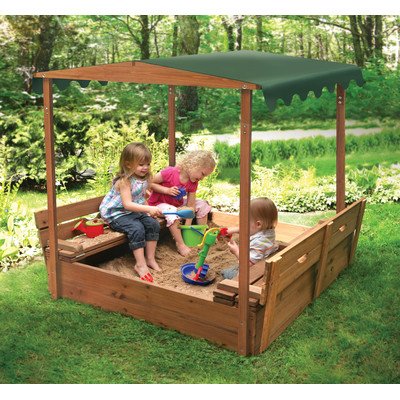 NA Deluxe Covered Convertible Cedar 4' Rectangular Sandbox with Two Bench Seats, Sandbox with Bench