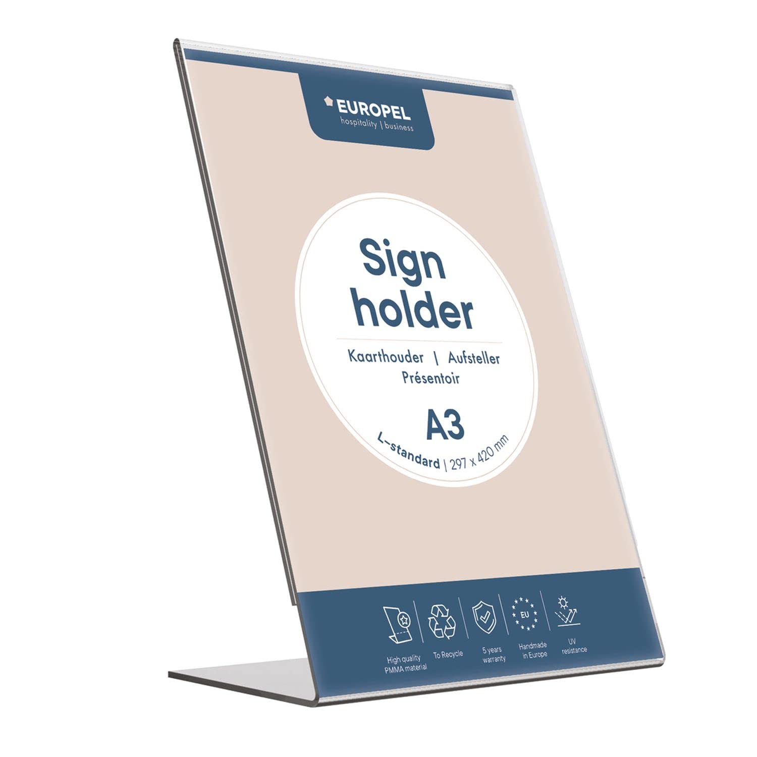 EUROPEL-Sign Holder, L-Standard, A3, Crystal Clear Acrylic, Portrait and Slanted