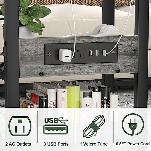 Height Adjustable C Shaped End Table with Charging Station, Mobile