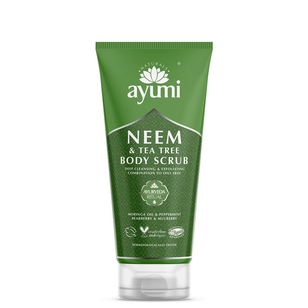 Ayumi Exfoliating Body Scrub with Neem | Tea Tree Oil Scrub for Oily Skin | Back Acne Treatment with Neem Scrub | Nettle Leaf to Soothe Itching | Body Scrub for Women & Mens Skincare Rituals |200 ml