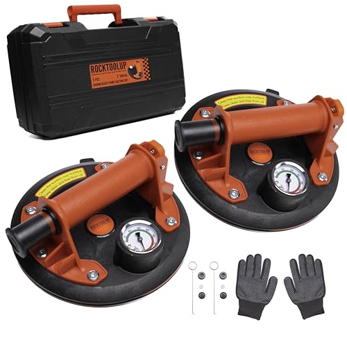RockToolUp 2 Tile Suction Cups 200 mm with Pressure Gauge – Capacity up to 400 kg Professional Glass Suction Cup, Powerful Tool for Tiles, Windshield, Furniture, Moving – Kit & Case Included