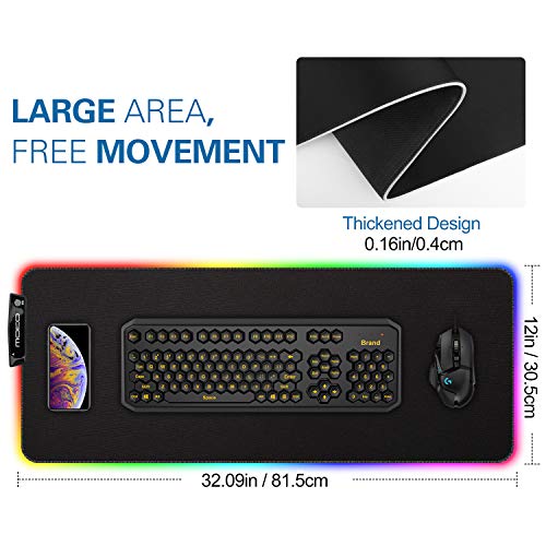 MoKo RGB Gaming Mouse Pad, Large Extended Glowing Led Mousepad with 15 Lighting Modes and USB 2.0 Port, Non-Slip Rubber Base Computer Keyboard Pad Mat for Gamer, 32.09 x 12 x 0.16 Inch - Black