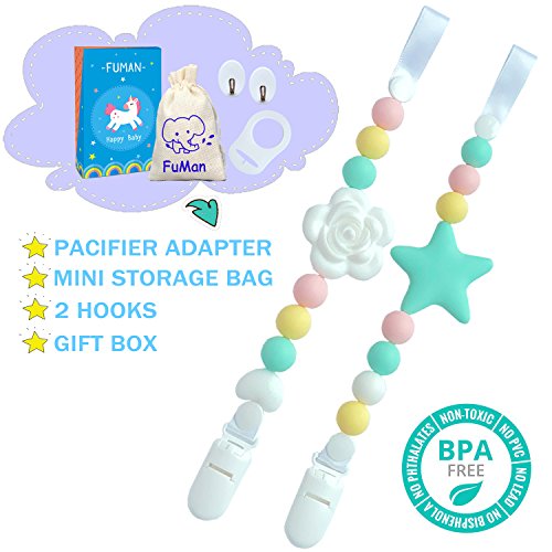 Baby Silicone Pacifier Clip and Teether Holder - Girl's Binky Holder - Best for Teether Toys, Stuffed Animals, Soothie/MAM, Infant Blankets & Drool Bibs, Set of 2 Chewable Pacifier Straps with Roses & - Thumbnail 2