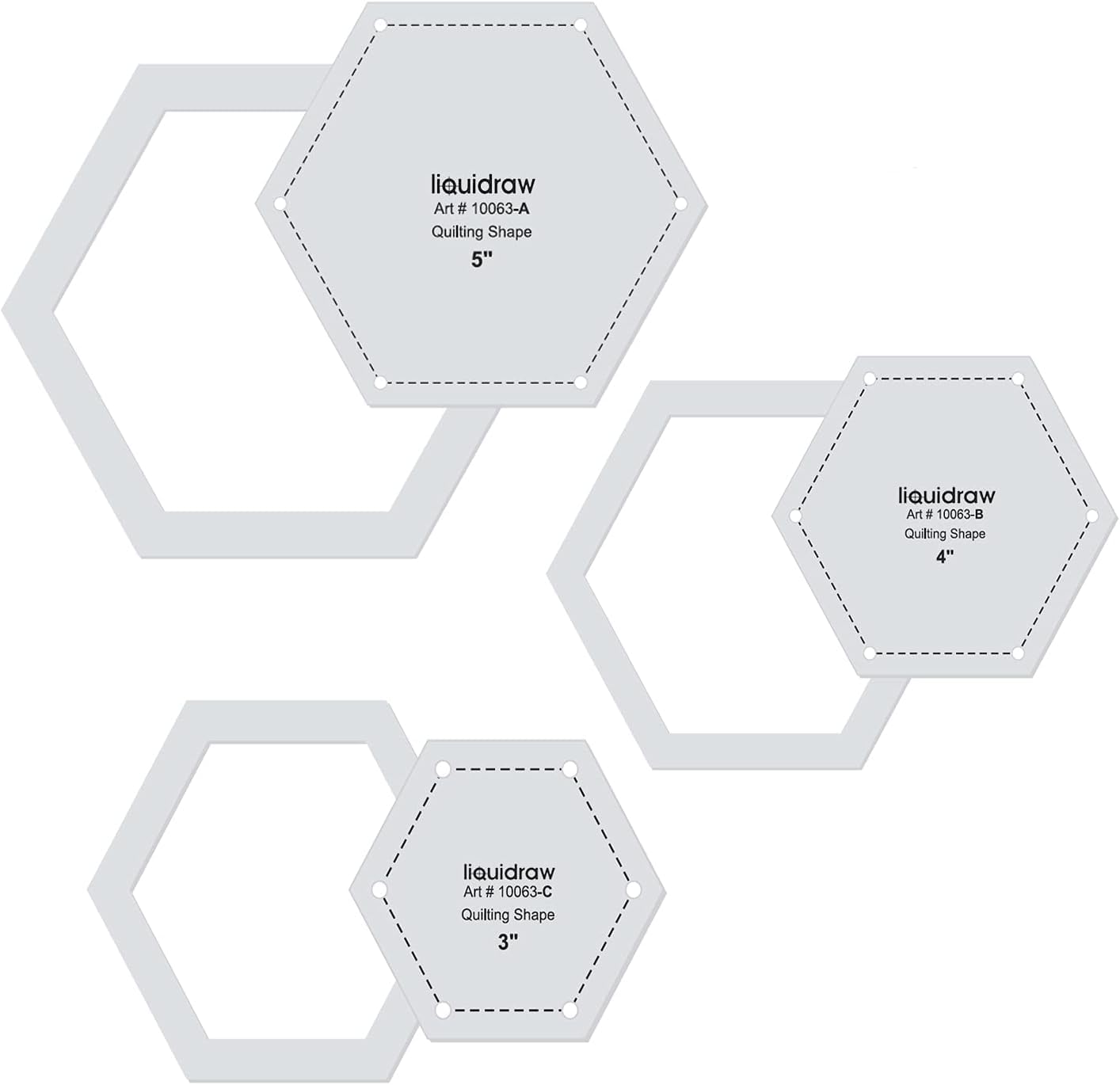 Liquidraw Quilting Templates & Rulers - 3 Set, 3", 4" & 5" | Hexagon Shape | for Patchwork, Sewing, Art & Craft, Cutting & Design | Transparent Acrylic | Easy to Read | for Beginners or Professionals