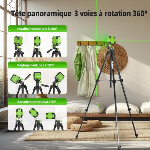 Niveau Laser Auto-nivelant avec 152cm Trépied, Huepar 30M Vert Croisée Laser à Ligne pour Accrochage de Tableaux, Rénovation de Maison, Projet d'Intérieur, Batterie et Sac de Transport
