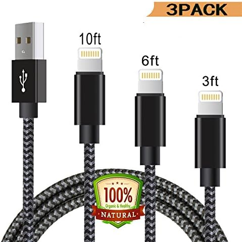 iPhone Cords, 3Pack 3FT 6FT 10FT Nylon Braided Lightning to Manyi USB Charging Cable, Syncing &amp; Charging Cord for iPhone 7/ 6s Plus/ 6 /SE/5s 5c 5, iPad Air / mini / 4th, iPod Nano (Black / gray)