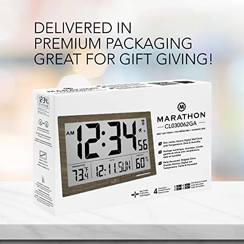 Marathon Slim Jumbo AutoSet Atomic Digital Wall Clock with Temperature, Date, Humidity, 4 Time