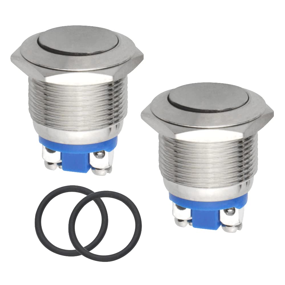 WMYCONGCONG 2 PCS Momentary Push Button Switch 19mm Waterproof Metal Flat Top 250V 3A 1NO