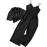 OYOANGLE Girl's 2 Piece Outfits Short Sleeve Button Down Shirt Crop Top and Wide Leg Pants Jumpsuit Set