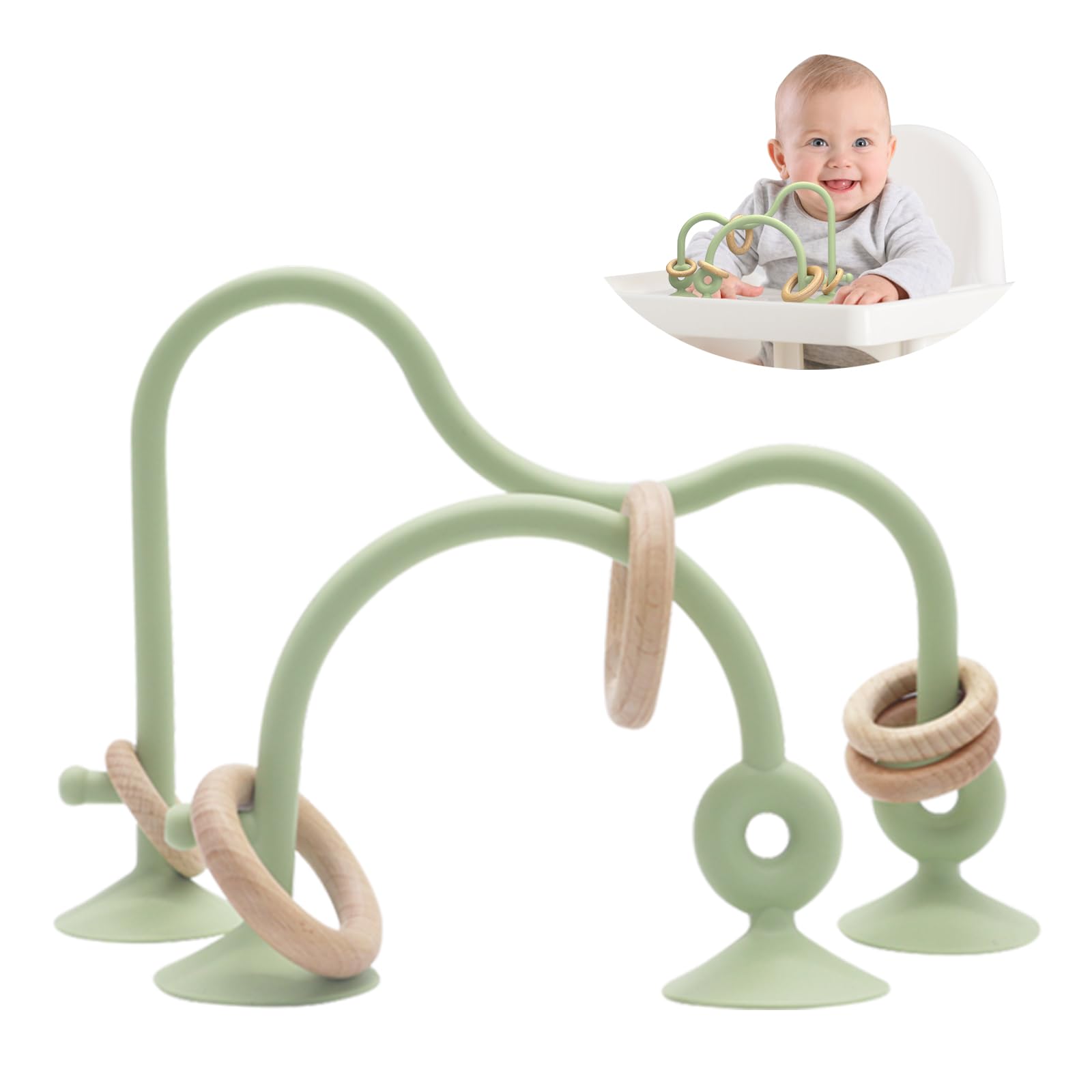 zeeloopbee Baby Teething Toy, High Chair Toys with Suction Cups for Infant Toddlers 10-12M+, Silicone Baby Teether Toys, Montessori Sensory Highchair Toy, Suction Toys for Babies 12-24M(Green)