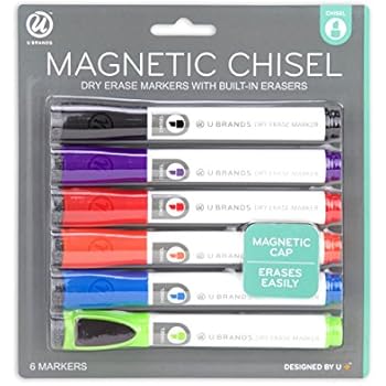 U Brands Low Odor Magnetic Dry Erase Markers With Erasers, Chisel Tip, Assorted Colors, 6-Count