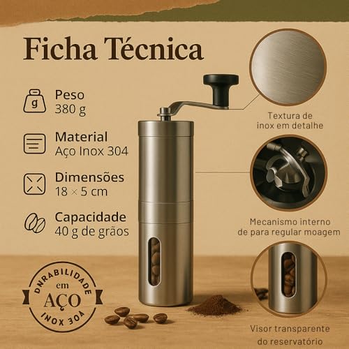 Moedor de Café Manual em Aço Inoxidável Portátil | Ajustável, Moagem Fina e Grossa