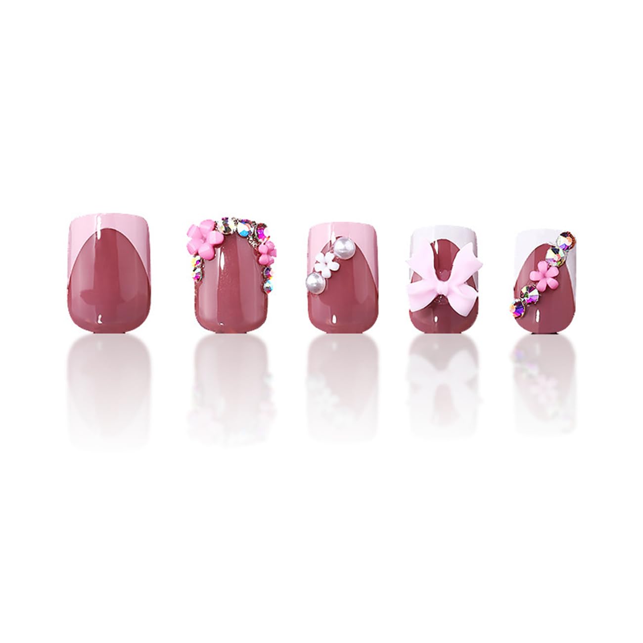 24pcs French Tip Press-On Nails - Short, Charms, Bow, Flower Design, Pink, Cute, Square Shape, Acrylic, Rhinestones - Image 5