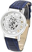TOOGOO(R) (Blue Strap & Silver Dial) Men's Faux Leather Band Wrist Skeleton Watch