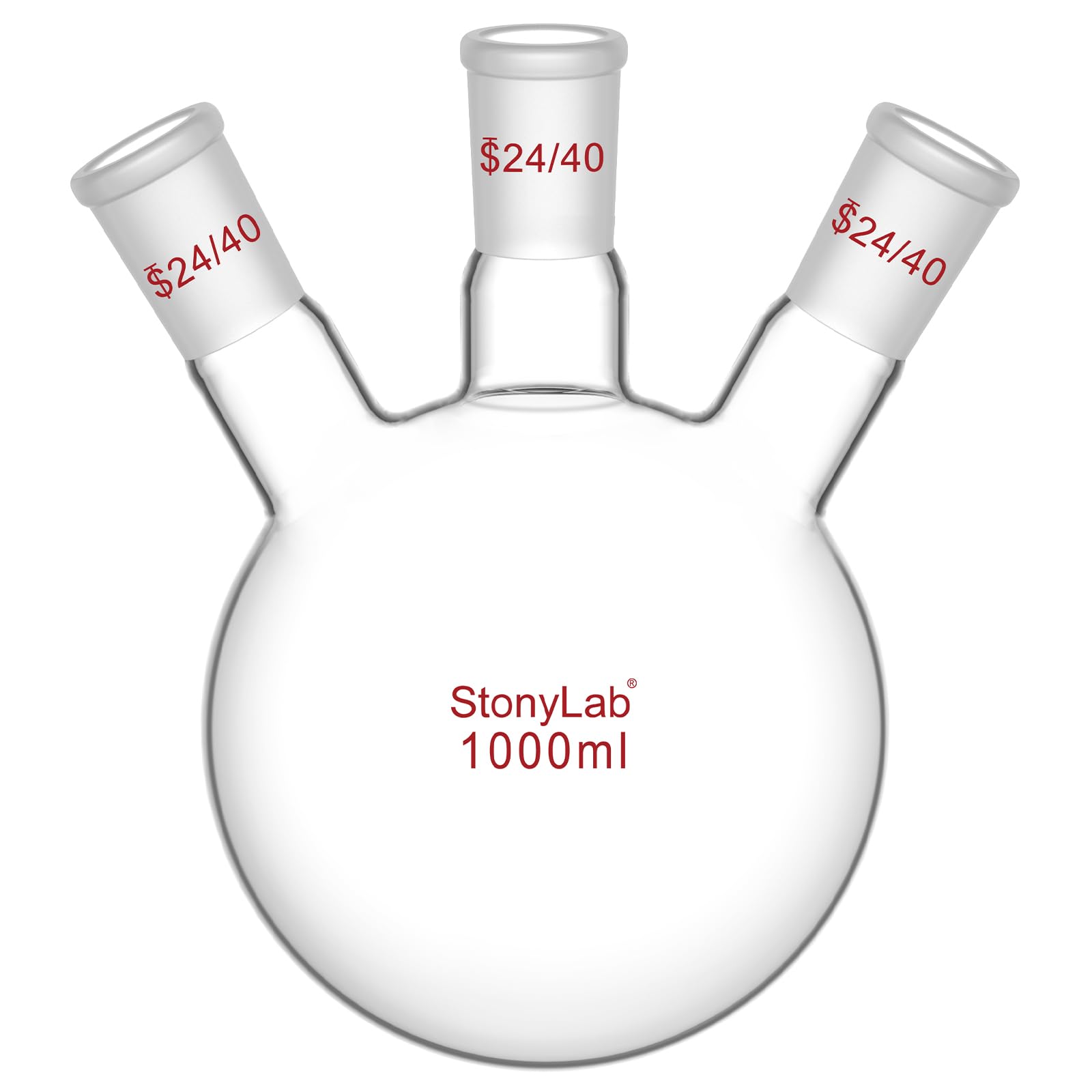 StonyLab Borosilicate Glass 3 Neck Round Bottom Flask RBF, with 24/40 Center and Side Standard Taper Outer Joint (1L)