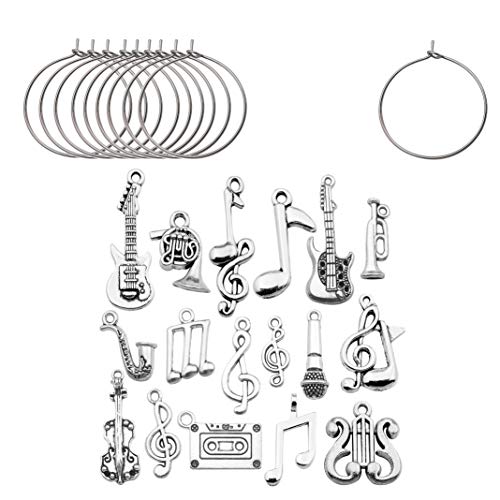 WOCRAFT 50 Sets Craft Supplies Music Themed Wine Glass Charms Markers Wine Tasting Party Decoration Supplies Gift with 25mm Strong Stainless Steel Wine Glass Charm Rings (M354)