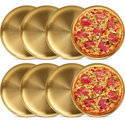 YEUIKERR 8 Pieces Gold Pizza Pan Bulk 12 inch Stainless Steel Pizza Pan for Oven, Round Pizza Baking Tray Heavy Duty Pizza Serving Tray, Pizza Baking Sheets for Home Kitchen Restaurant