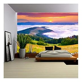 Digital Artwork in Watercolor Painting Style. Beautiful Summer Sunrise in The Mountains. - Removable Wall Mural | Self-Adhesive Large Wallpaper - 66x96 inches