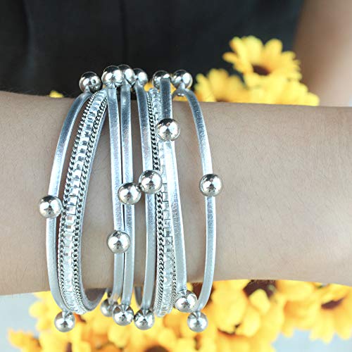 FANCY SHINY Bead Leather Bracelet Boho Wrap Bracelet Layered Rhinestone Cuff Bracelet with Magnetic Clasp,7.5"(Silver)