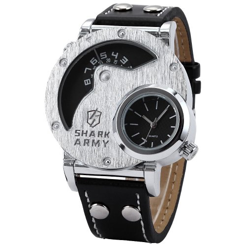 SHARK ARMY Oversized Dual Time Zone Military Brushed Steel Face Quartz Sport Wrist Watch SAW053