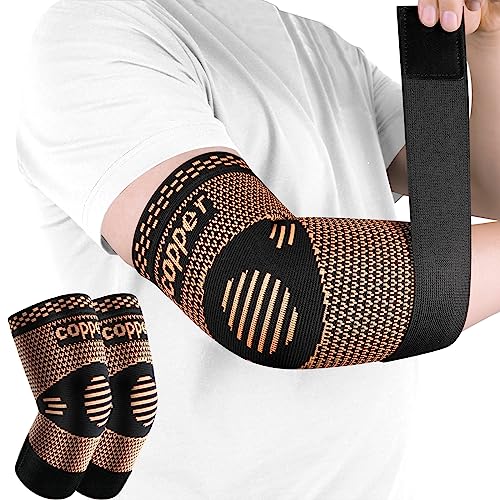 Copper Elbow Sleeve,Elbow Compression Sleeve, Elbow Brace For Tendonitis and Tennis Elbow,Golfers, Arthritis, Bursitis. Elbow Pain Relief,Weightlifting, Fit for Men & Women (Medium, Strap Style)
