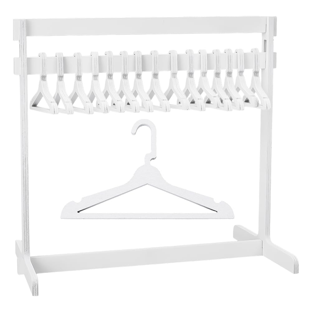 UNICRAFTALE High Mini Dolls Garment Rack with 15Pcs Wooden Clothes Hanger Small Dolls Clothes Rack White Mini Doll Closet Doll Clothes Storage Dollhouse Furniture for Dollhouse Cat and Puppy 30cm