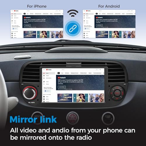 HLLECARMO Car Radio Fiat 500 2007-2015 Wireless Carplay & Android Car, 7 Inch Fiat 500 Car Radio with Bluetooth 5.0 Touchscreen RDS/AM/FM/USB DSP Mirror Link Subw EQ Steering Wheel Control- Black
