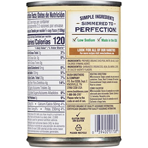 BUSH'S BEST Organic Garbanzo Beans Canned Beans, Organic Chick Peas