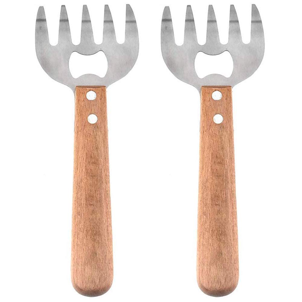 Gresunny Bear Claws Meat Shredder 2pcs Stainless Steel Meat Divider Claws Forks with Wood Handle and Bottle Opener for Pulled Pork Beef Turkey BBQ Chicken