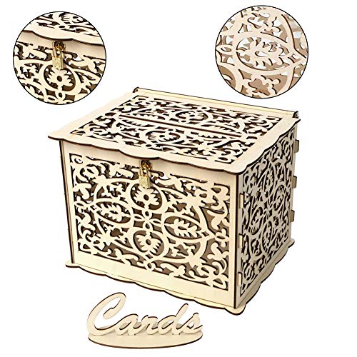 Wedding Card Box, Wooden Wedding Money Box Holder Hollow Diy Gift Box Rustic Wood Card Box With Lock And Cards Sign For Reception Weddings Baby Showers Birthdays Graduations Party Decorations - Thumbnail 2
