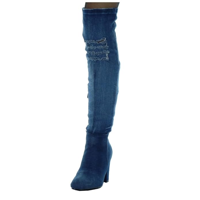 Angkorly - Damen Schuhe Oberschenkel-Boot - Reitstiefel - Kavalier - Jeans Denim - Flexible - zerrissene Blockabsatz high Hee