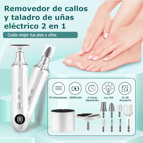 Lima Para Pies Electrica, Removedor de Callos Para Pies ajustables de 15 velocidades con pantalla LED, lima para uñas pies 2 en 1, lima electrica pedicure para pies recargable de 2000 mAh para piel muerta y uñas gruesas