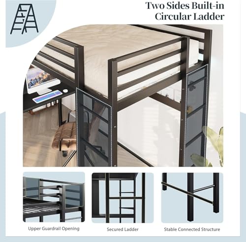 CHAGEE Hogar y Cocina Litera Matrimonial con Escritorio Incorporado | Cama Alta de Metal Sólido para Adultos y Niños | 2 Escaleras Integradas y Barandilla de Seguridad | Estructura Antiruido